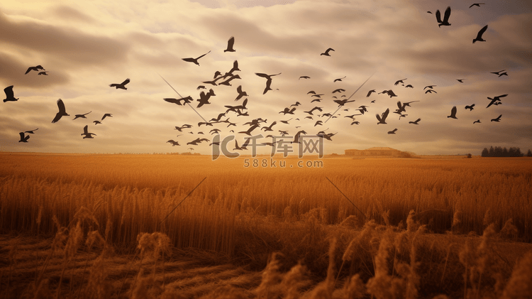 黄昏日落一群鸟在田野上空飞翔