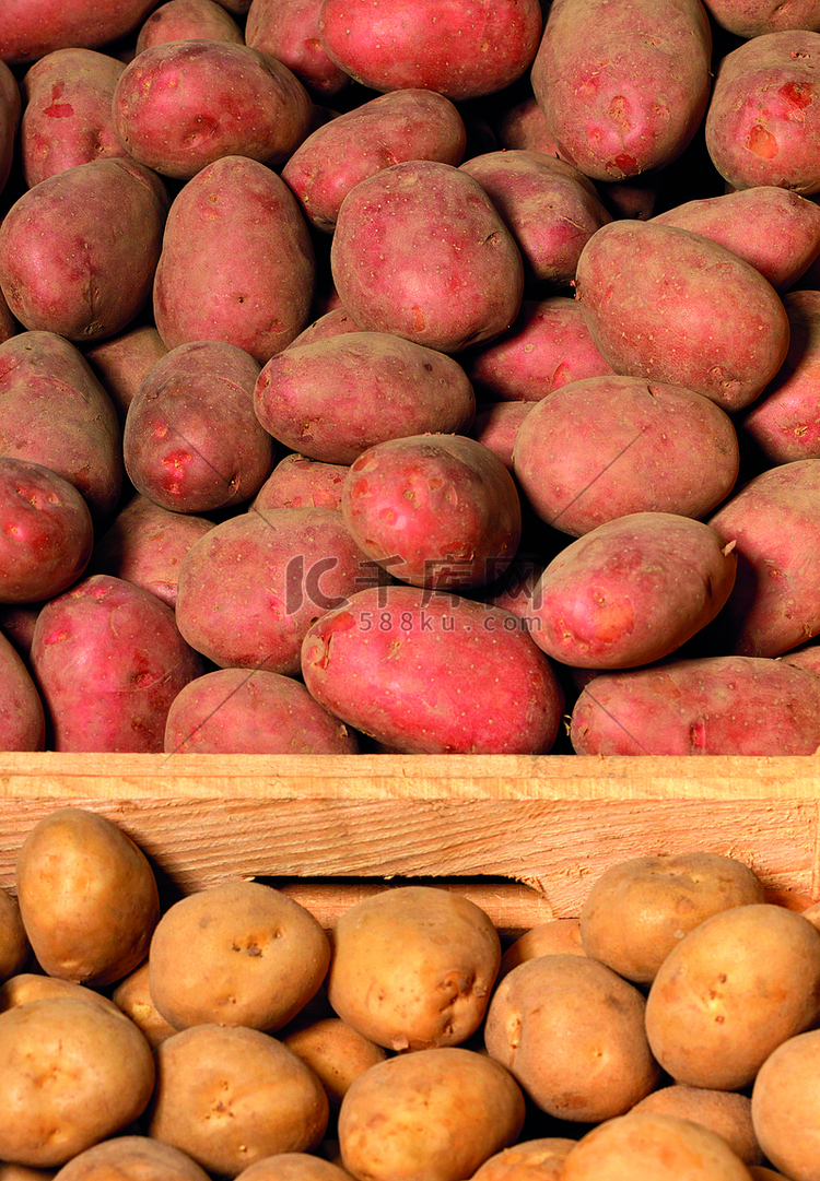 板条箱中成熟漂亮的红薯和白薯。