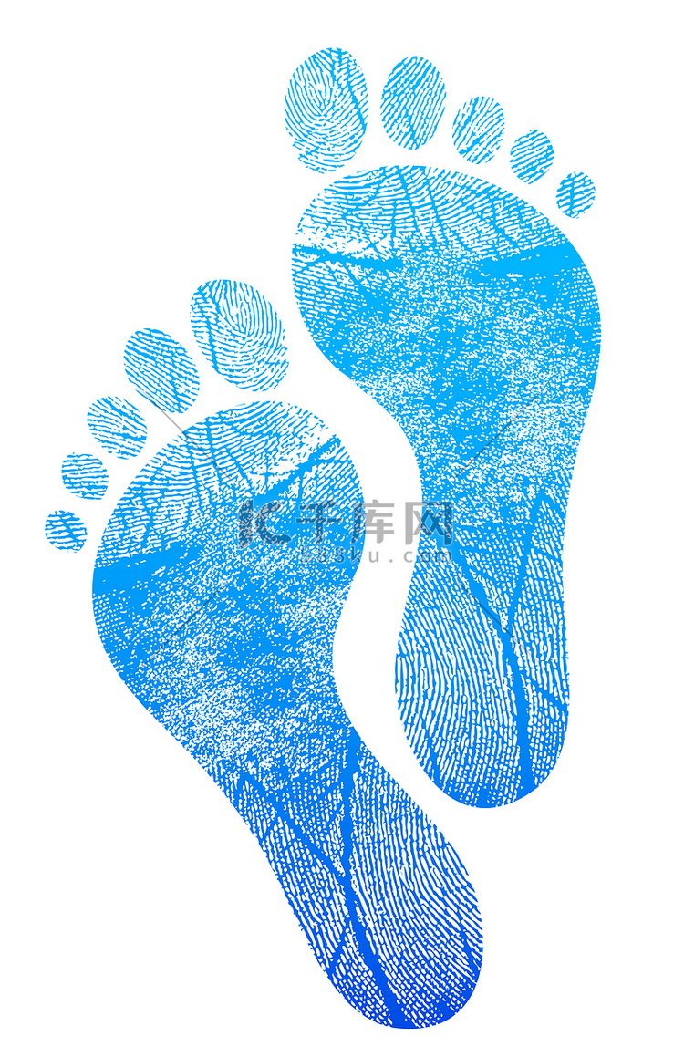 白色背景上的蓝色脚印插画设计