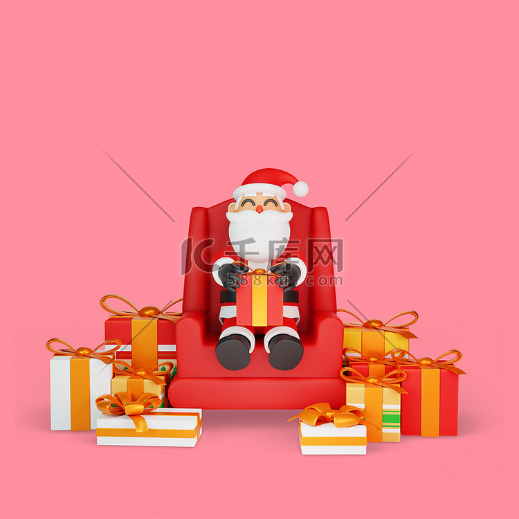 圣诞老人坐着放松，周围环绕着礼