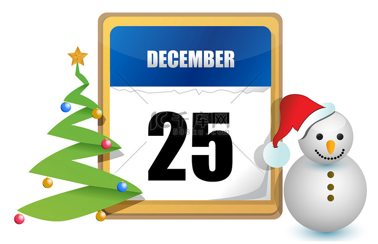 12月25日日历树和雪人插画设计