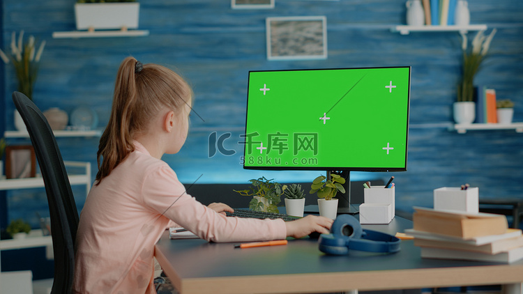 看有水平的绿色屏幕的计算机的女