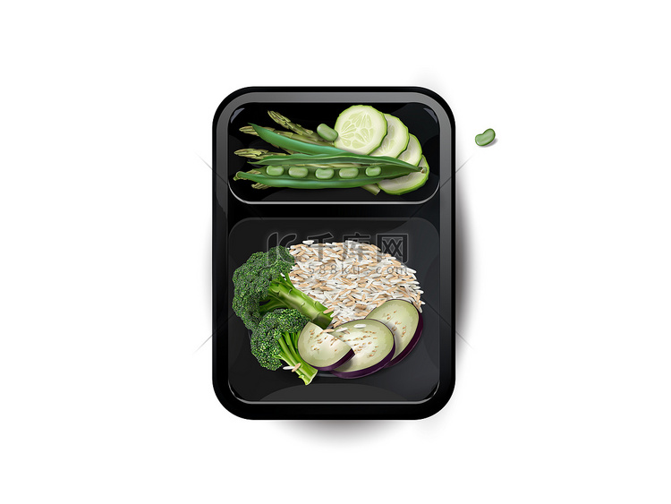 饭盒里放着米饭和蔬菜。