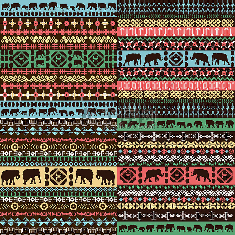 五颜六色的非洲图案与大象剪影
