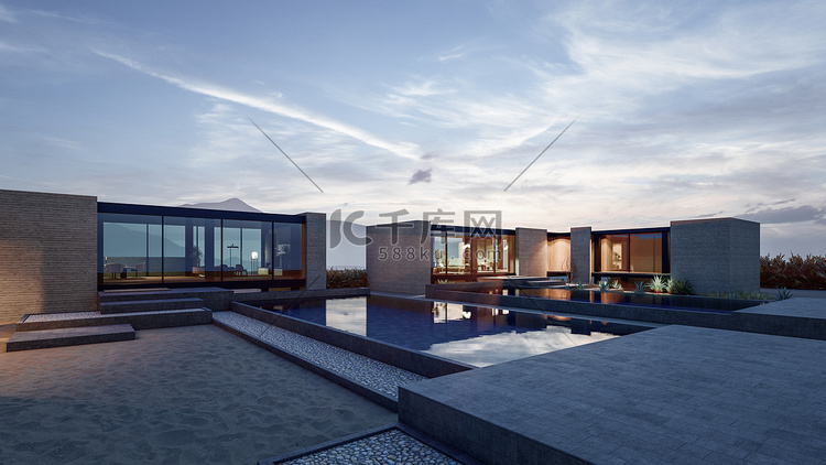 带游泳池的现代住宅的 3D 渲染图