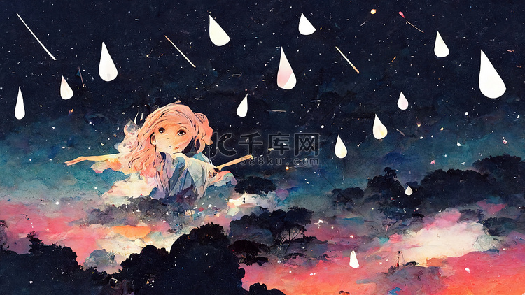 夜空落雨和伞女孩插画动漫风格