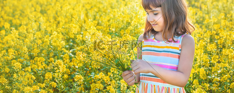 黄色田野里的孩子，芥菜花开。