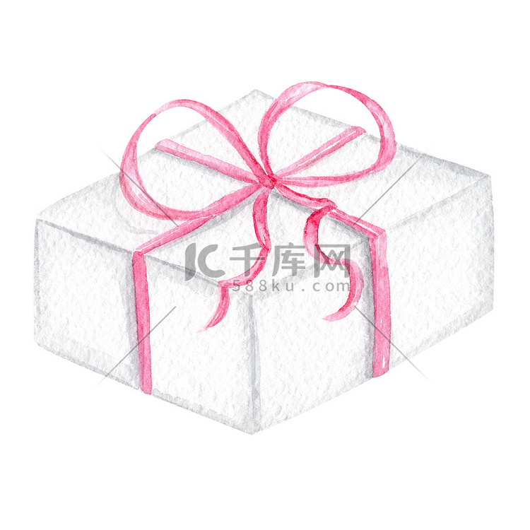 水彩白色礼品盒，带粉色丝带和蝴