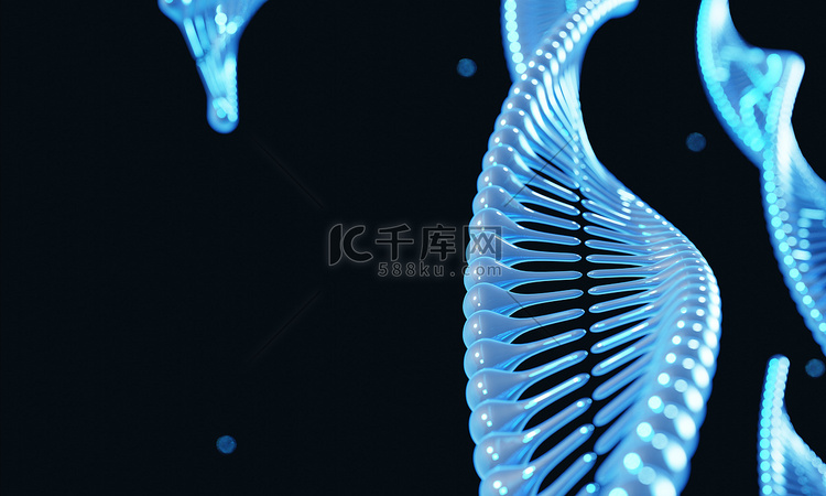 黑色背景上的蓝色螺旋 DNA 