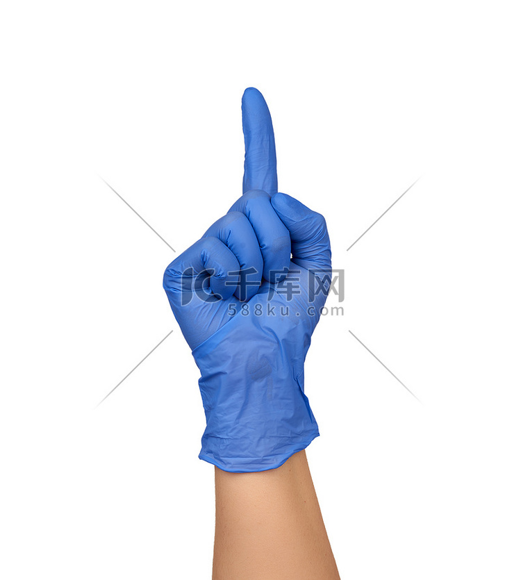 戴着蓝色医用无菌手套的女手显示