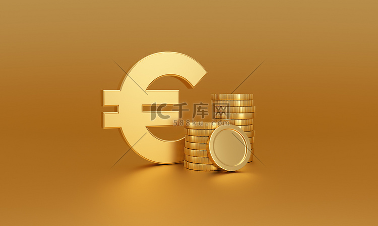 金色背景上欧元符号旁边的一堆金