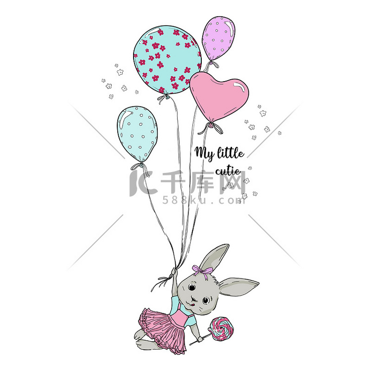 可爱的手绘插图与兔子和气球