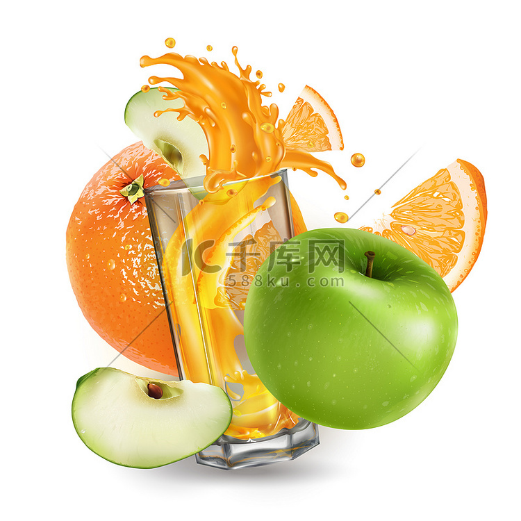 橙子、青苹果和溅在玻璃杯中的果
