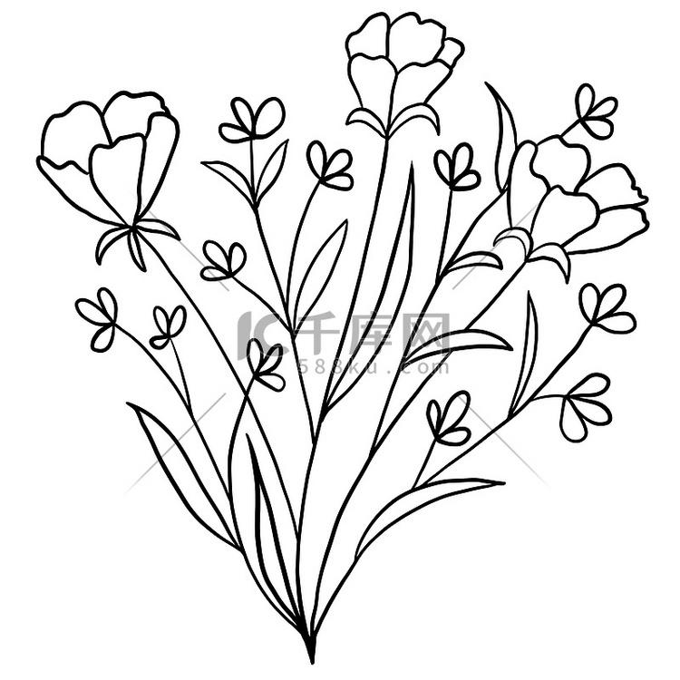手绘花卉花叶插画，黑白优雅婚礼