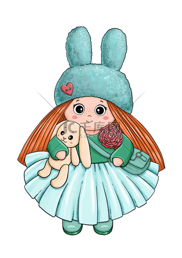 穿裙子的可爱小女孩带着兔宝宝玩