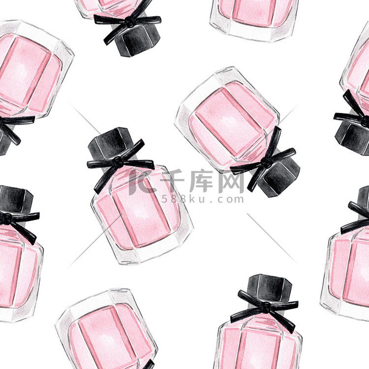 水彩手绘粉色香水瓶，白色背景上
