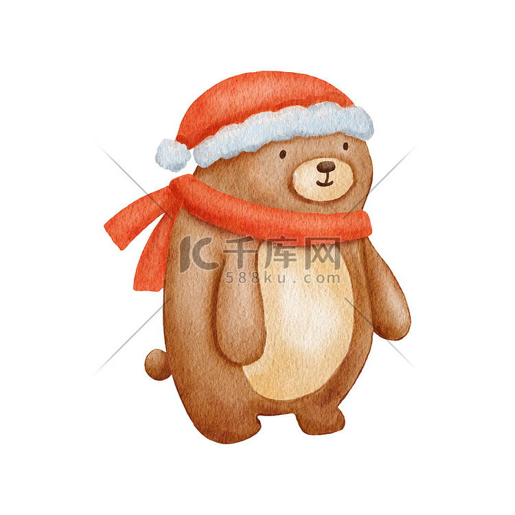 水彩小熊角色，戴着冬季围巾和帽
