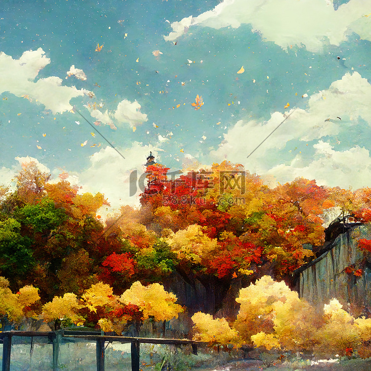 日间绘画中落叶的动漫秋天风景