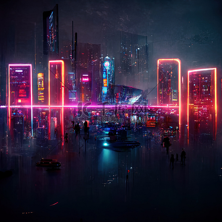 带有发光霓虹灯的未来派虚拟城市
