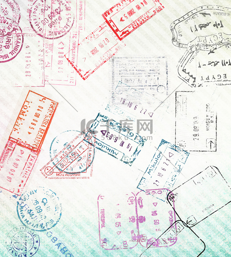 不同护照印章的旅行背景