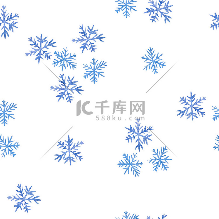 水彩手绘无缝图案与蓝色优雅雪花