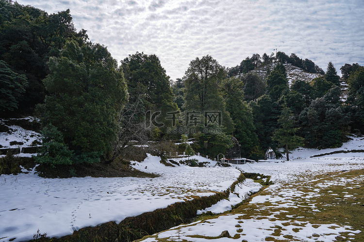 山中山谷的风景，被雪覆盖，被树