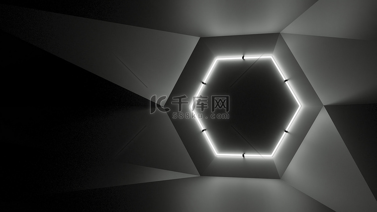 霓虹灯白色六角形灯照亮的抽象几