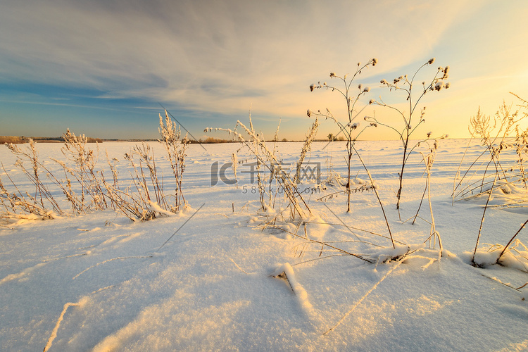冬季美丽的日落与冰覆盖的草地