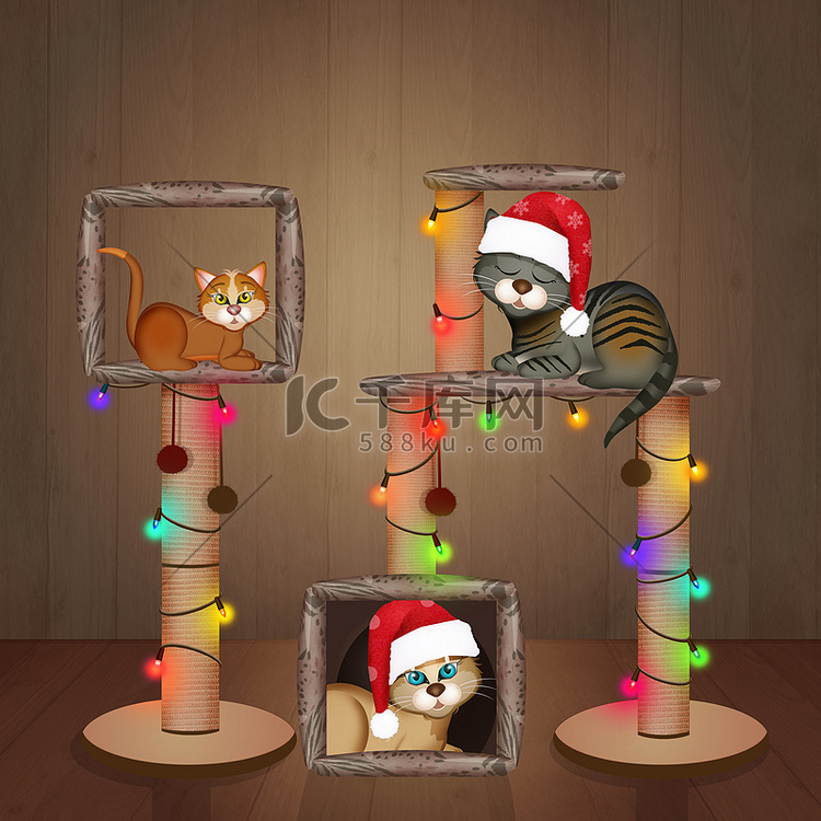 猫和为圣诞节装饰的抓挠柱
