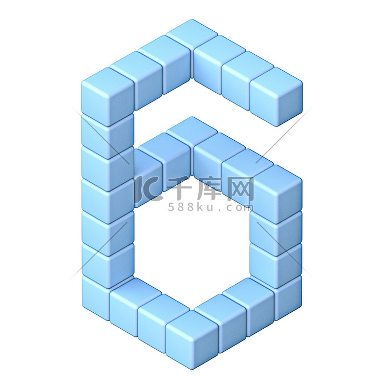 蓝色立方体正交字体数字 6 SIX 3D