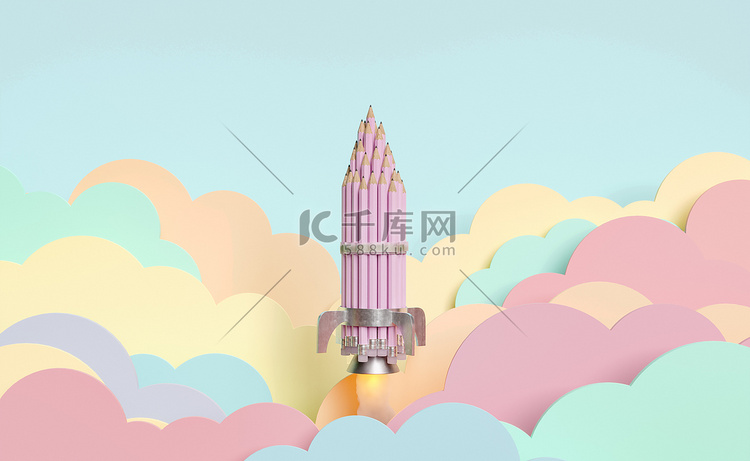 铅笔火箭飞过柔和的彩色平云