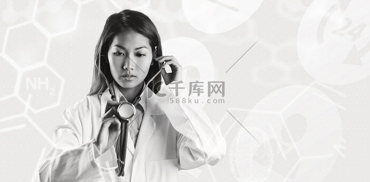拿着听诊器的亚洲医生的复合图像