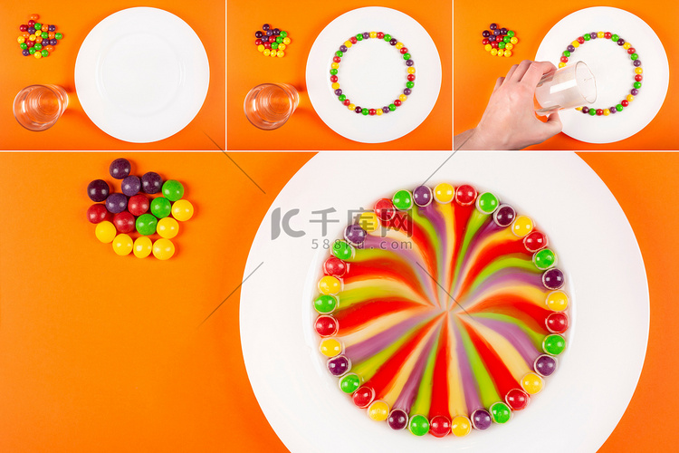 由水果味的彩色糖果制成的彩虹漩