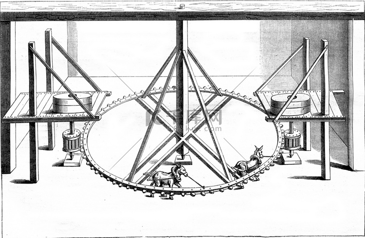 磨坊的内部，两对由动物驱动的轮