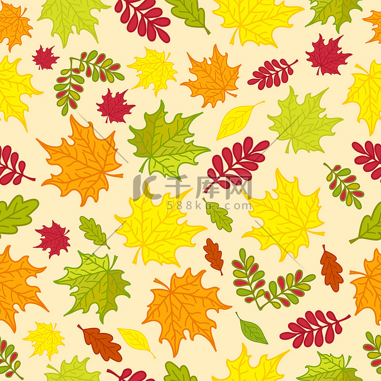 彩色秋叶的无缝图案，用于包装纸