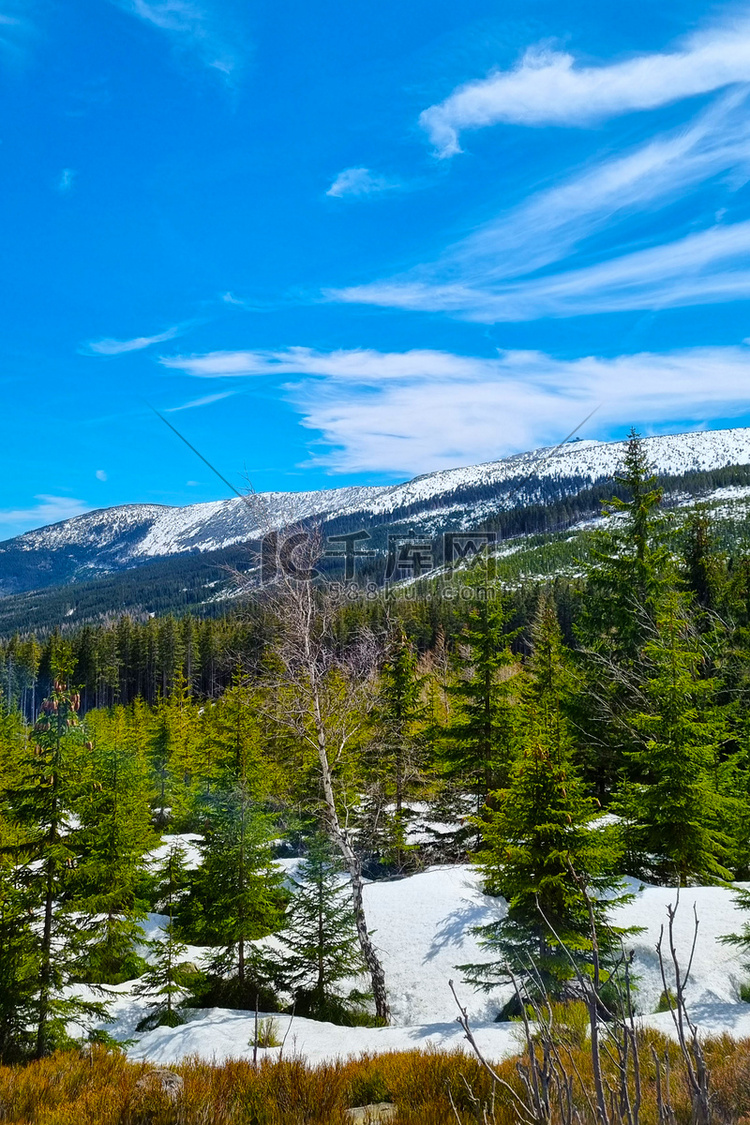 山上白雪皑皑的山峰风景如画。