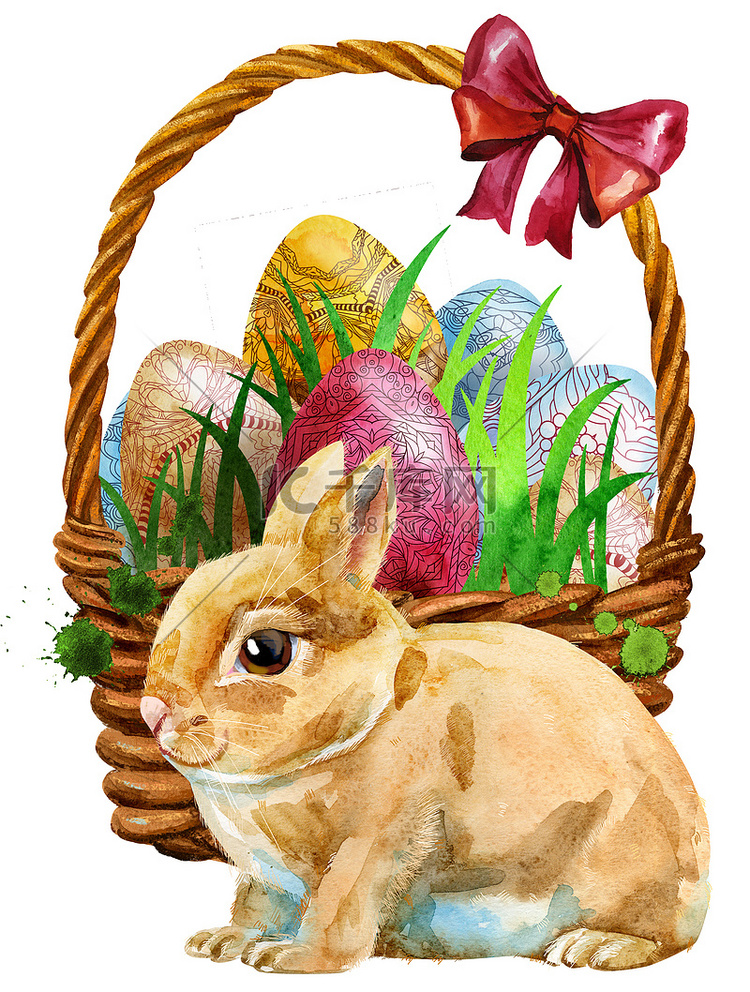 米色兔子和复活节篮子的水彩插图