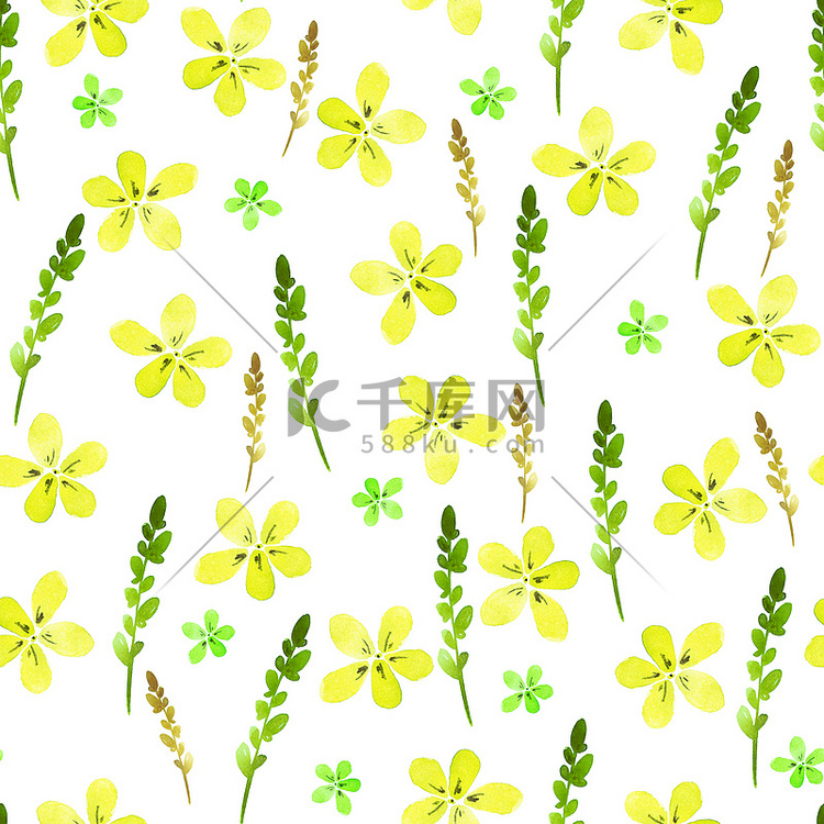 无缝花卉图案与水彩黄色花朵和叶