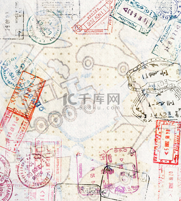 带有不同护照印章的旅行背景