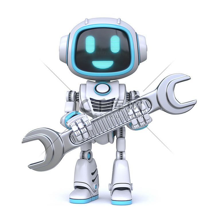 可爱的蓝色机器人拿着扳手工具3D