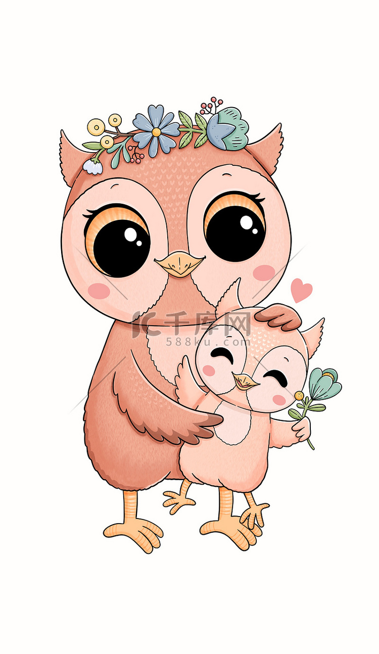 猫头鹰家庭与花 — 母亲和儿子