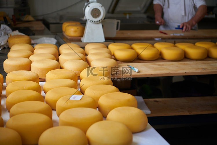 奶酪工厂生产货架上陈放的老奶酪