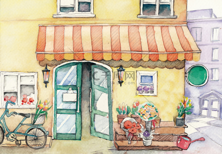 水彩高清插图：街头花店。