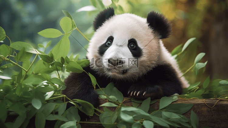 黑白相间的熊猫坐在绿叶植物旁