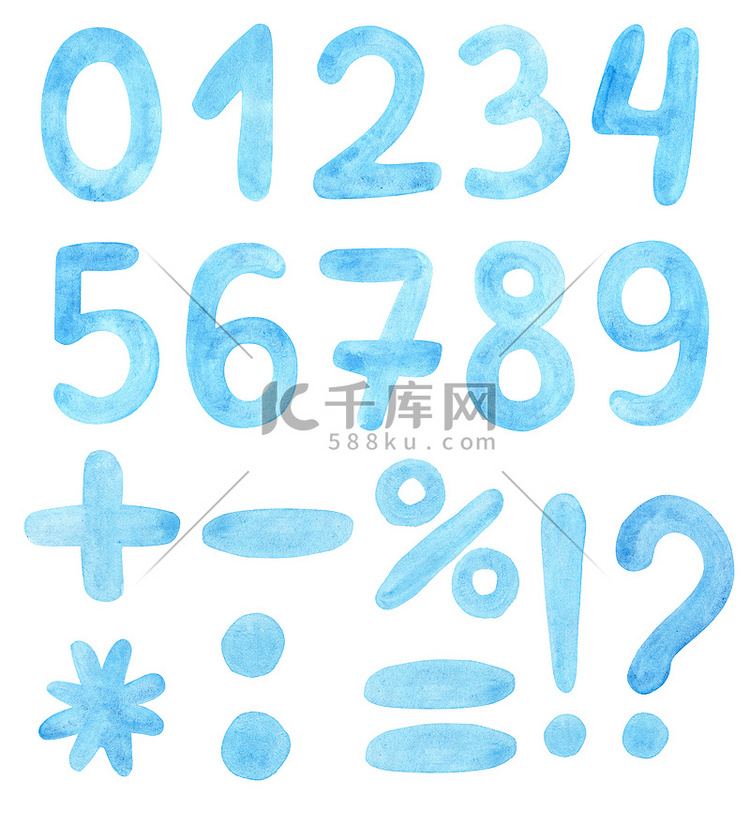 水彩蓝色数字和数学符号集隔离在
