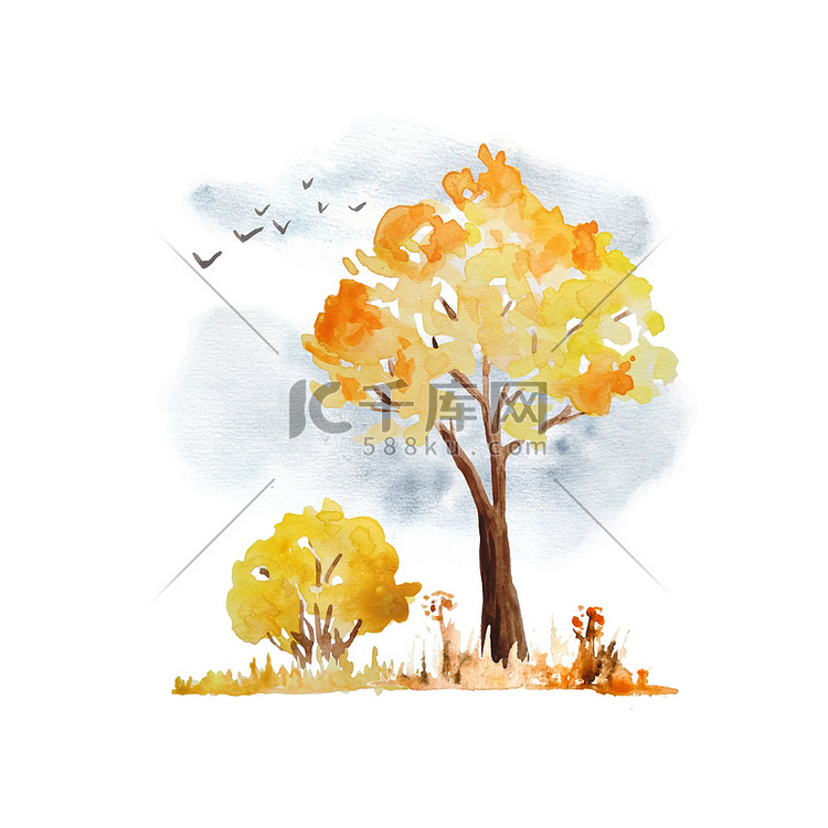 水彩手绘插图与橙黄色秋秋树、灌