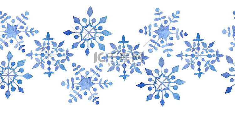 水彩手绘无缝水平边框蓝色优雅雪