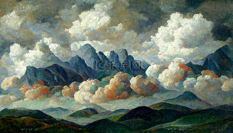 风景与山上的云彩，水彩插图。