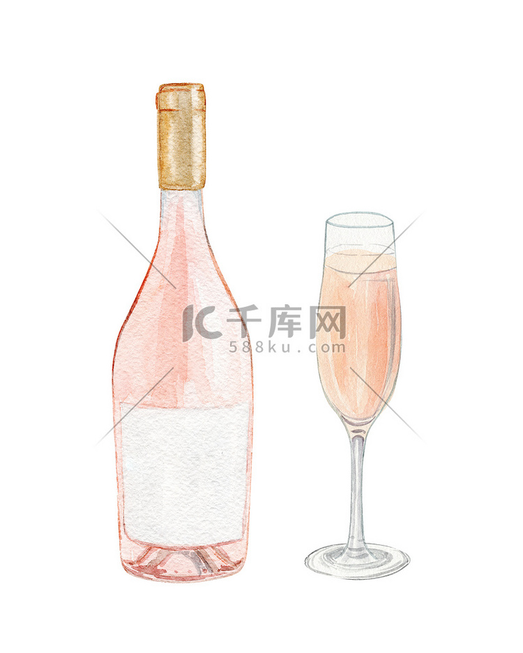 水彩玫瑰酒瓶和玻璃套装隔离在白