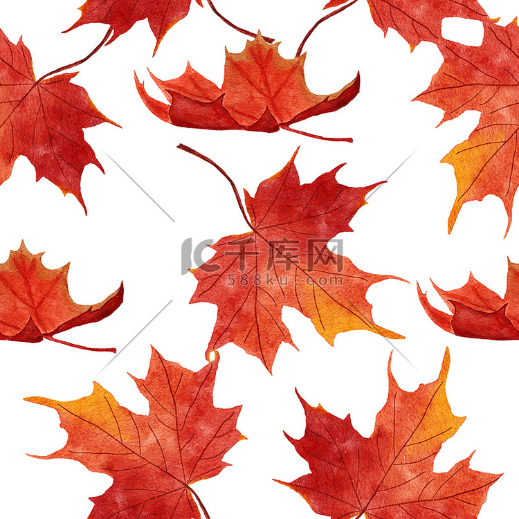 水彩手绘无缝图案与红橙黄色秋季